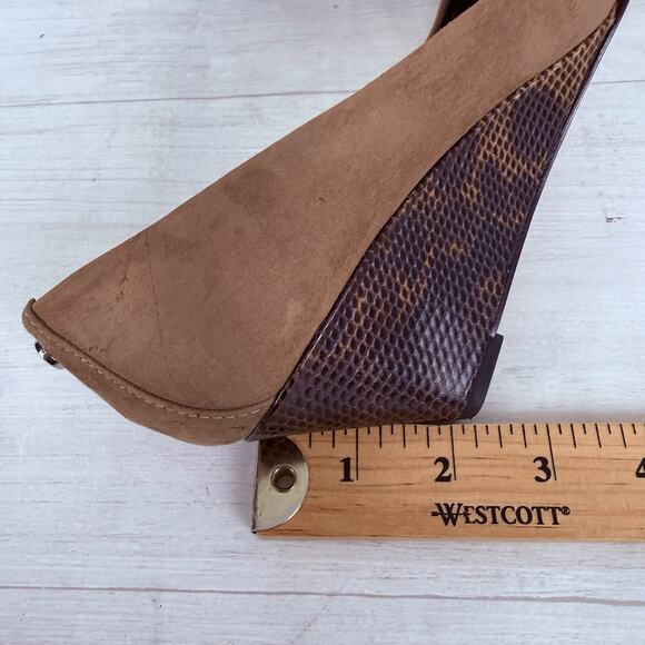 DONALD PLINER Milli Brown Suede Wedges Size 7 Peep Toe Snake Print Heels Preppy - Picture 13 of 14